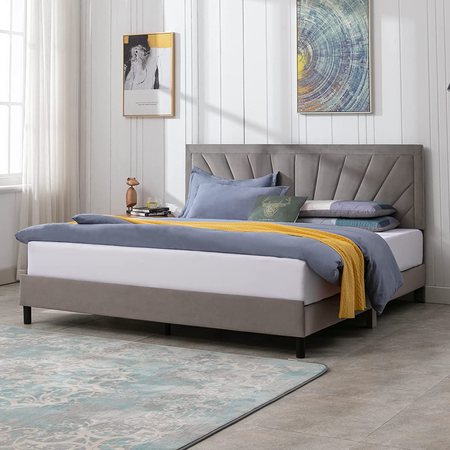 Mjkone California King Size Platform Bed Frame with Headboard, Stylish