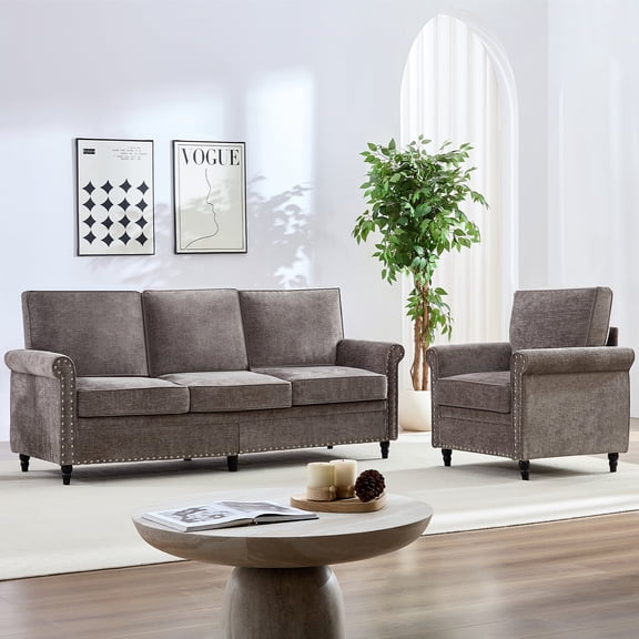 Mjkone Chenille Sectional Sofa Sets, 2-Piece Living Room Furniture Sets,Couch and Loveseat Sofa Set for Living Room,3-Seater + Armchair,Light Gray