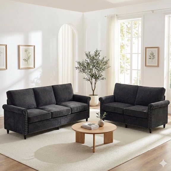 Mjkone Chenille Sectional Sofa Sets, 2-Piece Living Room Furniture Sets,Couch and Loveseat Sofa Set for Living Room,3-Seater + Loveseat,Black