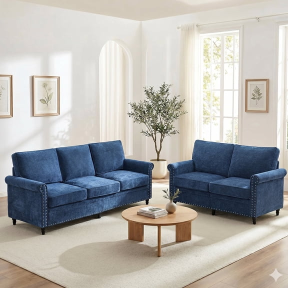 Mjkone Chenille Sectional Sofa Sets, 2-Piece Living Room Furniture Sets,Couch and Loveseat Sofa Set for Living Room,3-Seater + Loveseat,Navy Blue