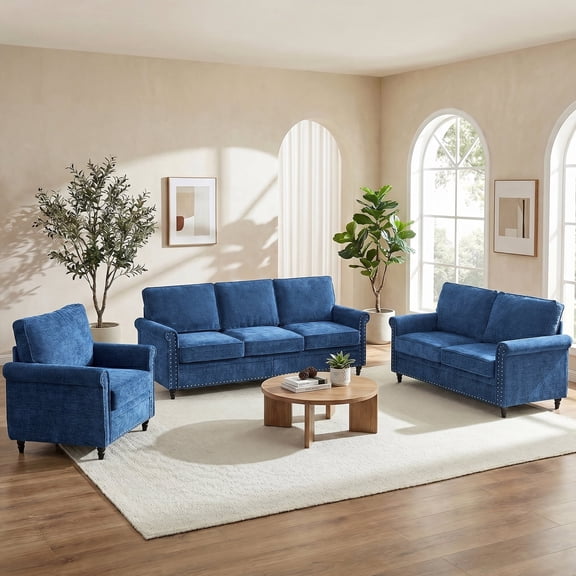 Mjkone Chenille Sectional Sofa Sets,3 Pieces Living Room Furniture Sets,Couch Sets for Living Room,3-Seater + Loveseat + Armchair,Navy Blue