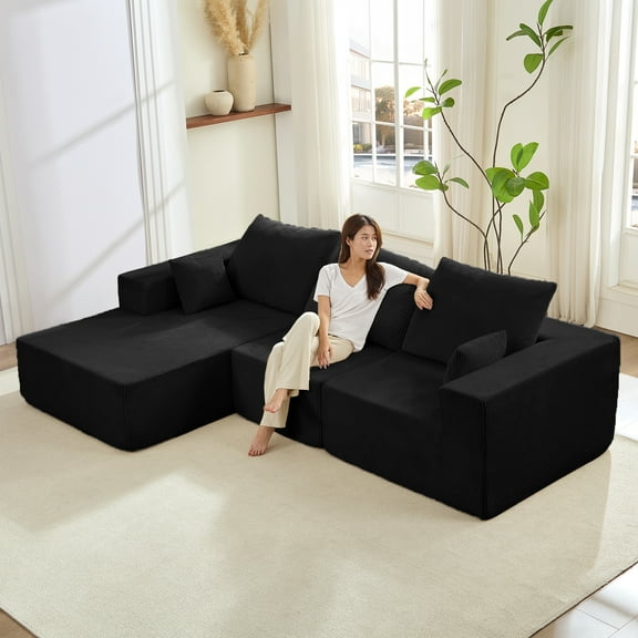 Mjkone Cloud Modular Sectional Sofa with Chaise, Modern Upholstered L-Shape Couch,Convertible Sleeper Sofa for Living Room,Black