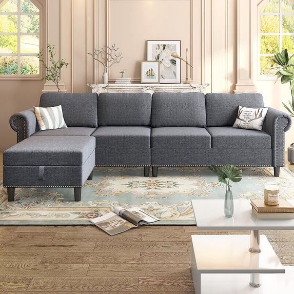 Mjkone Convertible Sectinal Couches with Ottoman,Reversible L Shaped Sofa with Storage,Modern Small Couch Furniture with Chaise, Linen Fabric Rivet Sofa for Apartment/Living Room/Office,Dark Grey