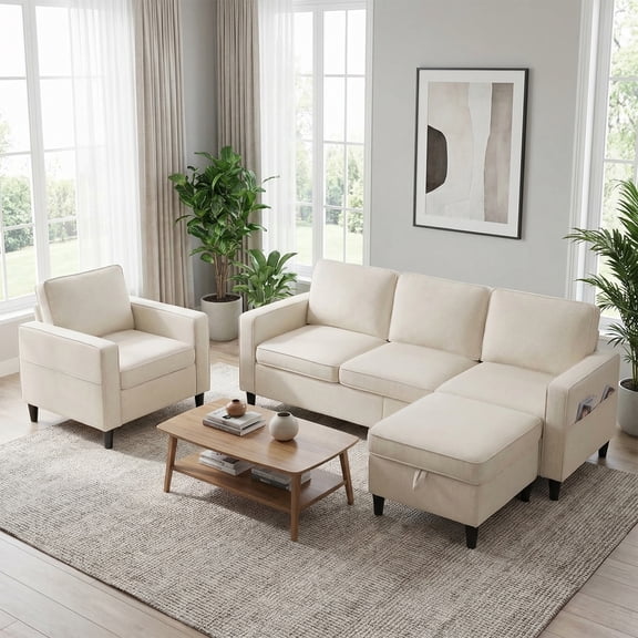Mjkone 2 Pieces Living Room Furniture Sets, Sectional Sofas and Couches Set with Storage Ottoman for Living Room, 3-Seater + Accent Chair + Ottoman,Beige