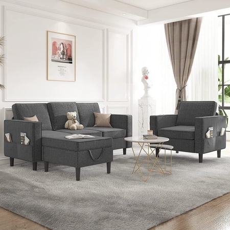 Mjkone Convertible Sectional Sofa Couch with Storage Ottoman, 3 Pcs Couch Set with Storage Pockets, Sectional Couches for Living Room, 3-Seater + Ottoman+ 1-Seater (Dark Gray)