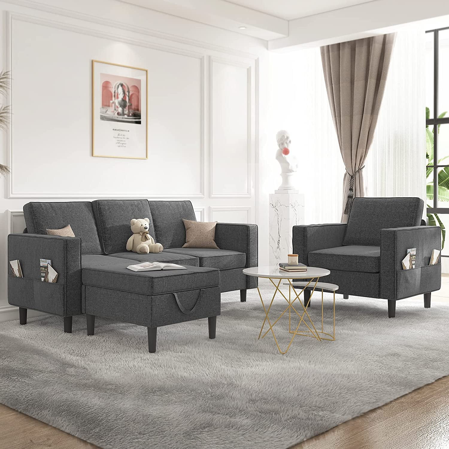 Mjkone Convertible Sectional Sofa Couch with Storage Ottoman, 3 Pcs Couch Set with Storage Pockets, Sectional Couches for Living Room, 3-Seater + Ottoman+ 1-Seater (Dark Gray)