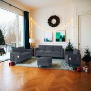 Mjkone Convertible Sectional Sofa Couch with Storage Ottoman, 4 Pcs Couch Set with Storage Pockets, Sectional Couches for Living Room, 3-Seater +Ottoman +1-Loveseat +1-Seater Dark Grey