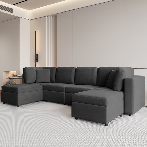 Mjkone Convertible U/L Shaped Sectional Sofa with Movable Ottoman, 6 Seats Modular Sectional Sofa with Chaise for Living Room,Dark Grey