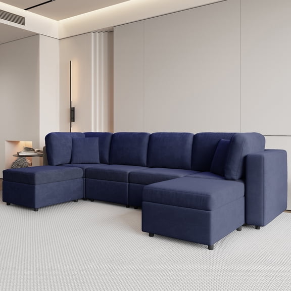 Mjkone Convertible U/L Shaped Sectional Sofa with Movable Ottoman, 7 Seats Modular Sectional Sofa with Chaise for Living Room,Navy Blue