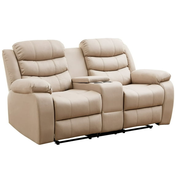 Mjkone Double Recliner Loveseat, Manual Reclining Sofa, 2 Seater Recliner with Cup Holders & Storage, Home Theater Seating for Living Room, Beige
