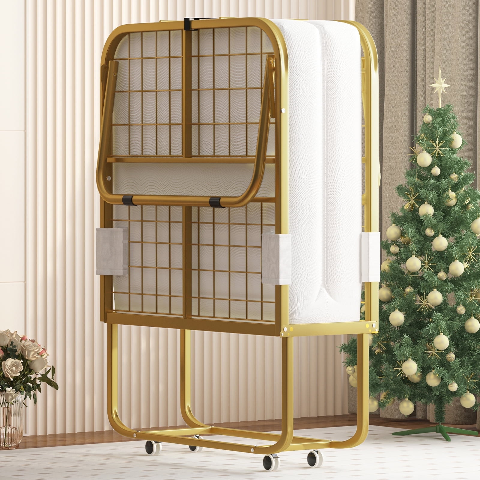 Mjkone Folding Bed with 4 Inch High Resilience Foam Mattress,Rollaway Bed Fold Up Bed for Guests,Portable Bed with Lockable Wheels for Adults,75 x 31,Gold