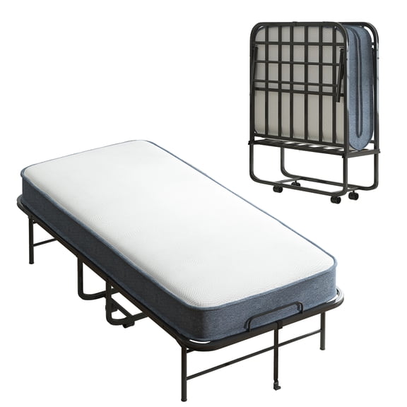 Mjkone Folding Bed with Mattress, Rollaway Fold Up Bed for Small Space, Foldable Bed with Lockable Wheels