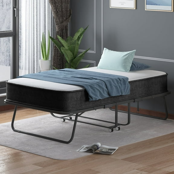 Mjkone Folding Bed with Mattress, Fold Up Bed for Small Space, Foldable Bed with Lockable Wheels