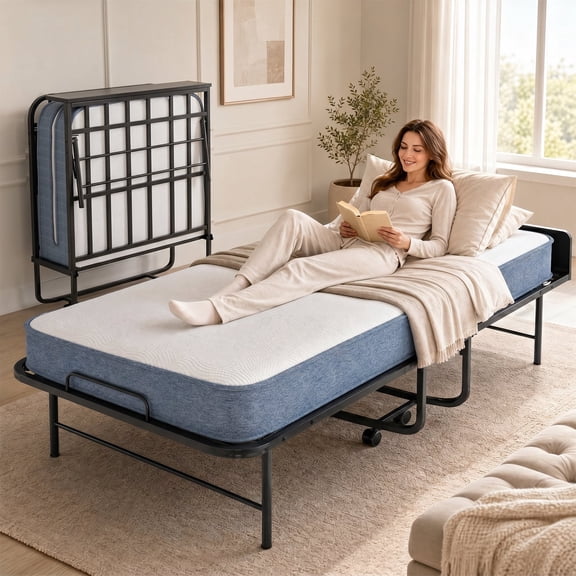 Mjkone Folding Bed with Mattress,75" x 31"Rollaway Bed for Adults with Dust Cover,Twin Size Rollaway Bed with Lockable Wheels for Small Space