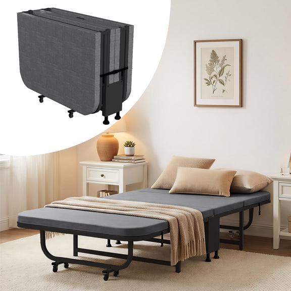 Mjkone Folding Bed with Mattress,Rollaway Folding Bed for Adults,Foldable Bed with Lockable Wheels for Small Space,Black
