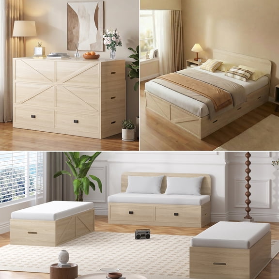 Mjkone Full Murphy Bed with Mattress Included,Murphy Cabinet Bed with Storage Drawers,Multifunctional Cabinet Beds for Living Room/Bedroom,Wooden