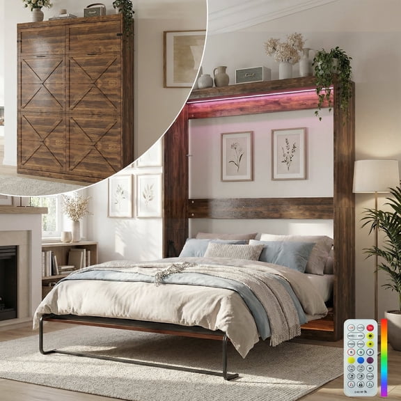 Mjkone Full Size Murphy Wall Bed with 2 LED Lights,Convertible Wall Bed into a Cabinet for Living Room/Bedroom/Guest Room,Brown