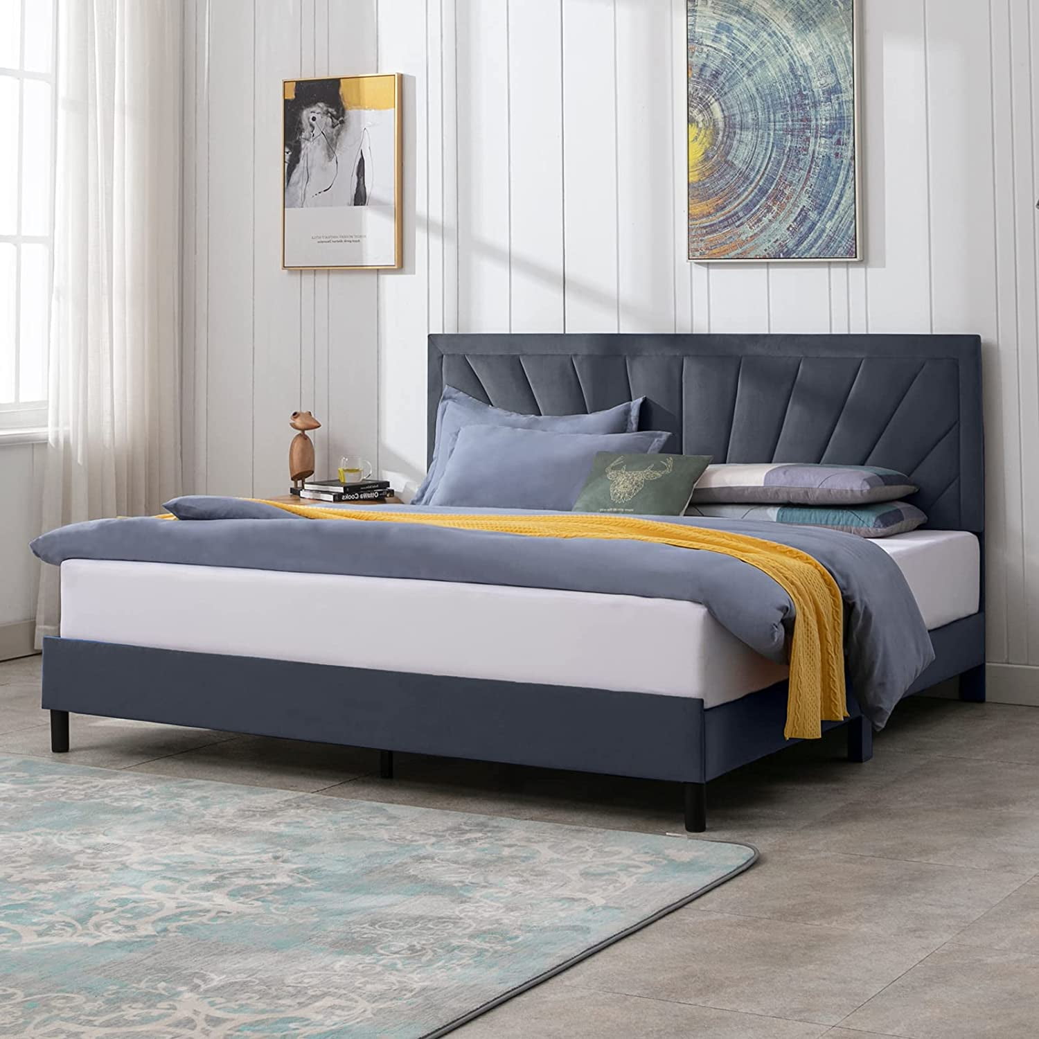 Mjkone Full Size Platform Bed Frame with Headboard Stylish Modern Velvet Upholstery Bed Frame ...