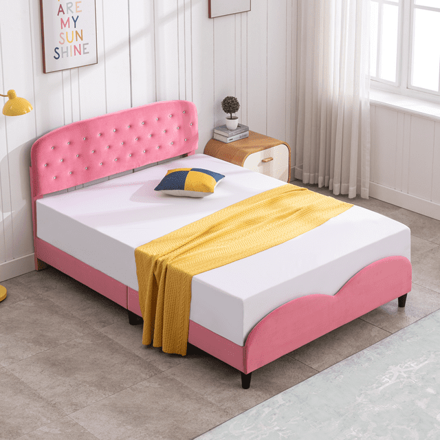 Mjkone Princess Bed Pink, Velvet Upholstered Twin Size Bed Frame with