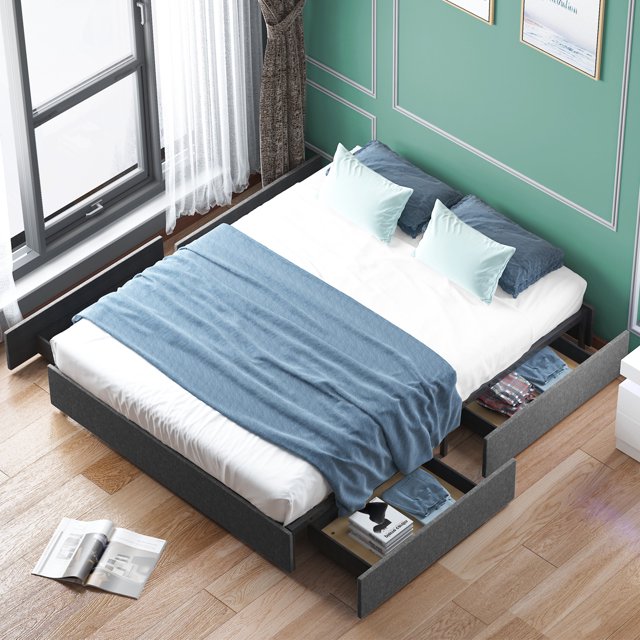Mjkone King Platform Bed Frame with 4 Storage Drawers/Upholstered Bed