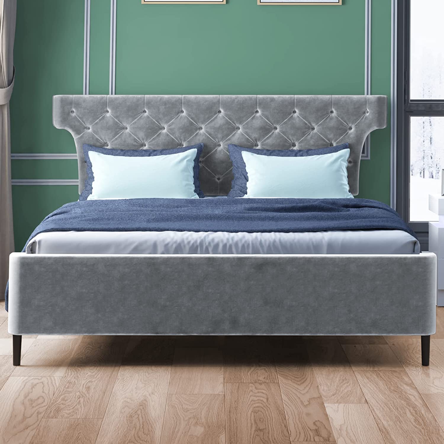 Mjkone King Size Velvet Platform Bed Frame,Queen Size Upholstered Bed