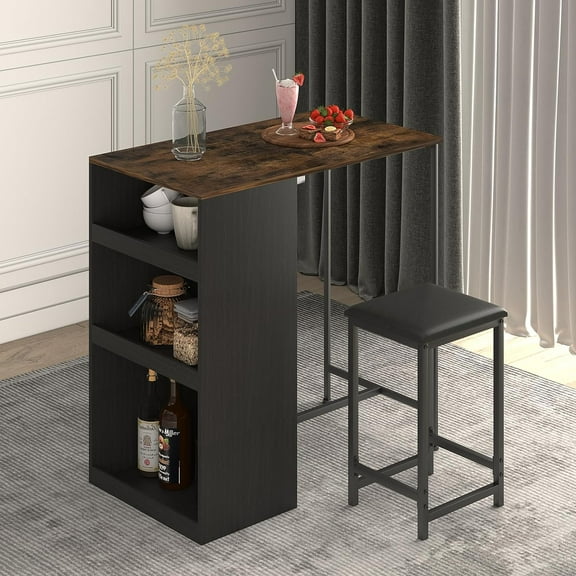 Mjkone Kitchen & Dining Room Table and Stools Set with 3 Storage Shelves, Bistro Bar Table with 2 Counter Height Bar Stools, Multi-Functional Bar Counter, Suitable for Drinking or Working