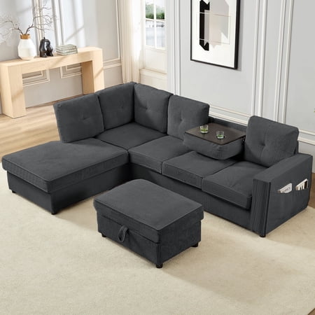 Mjkone L Shaped Sectional Sofa with Left Hand Facing Chaise,Free Combination Ottoman, Corduroy Modular Sectional Sofa,Upholstered Sofa Couches for Living Room,Dark Grey