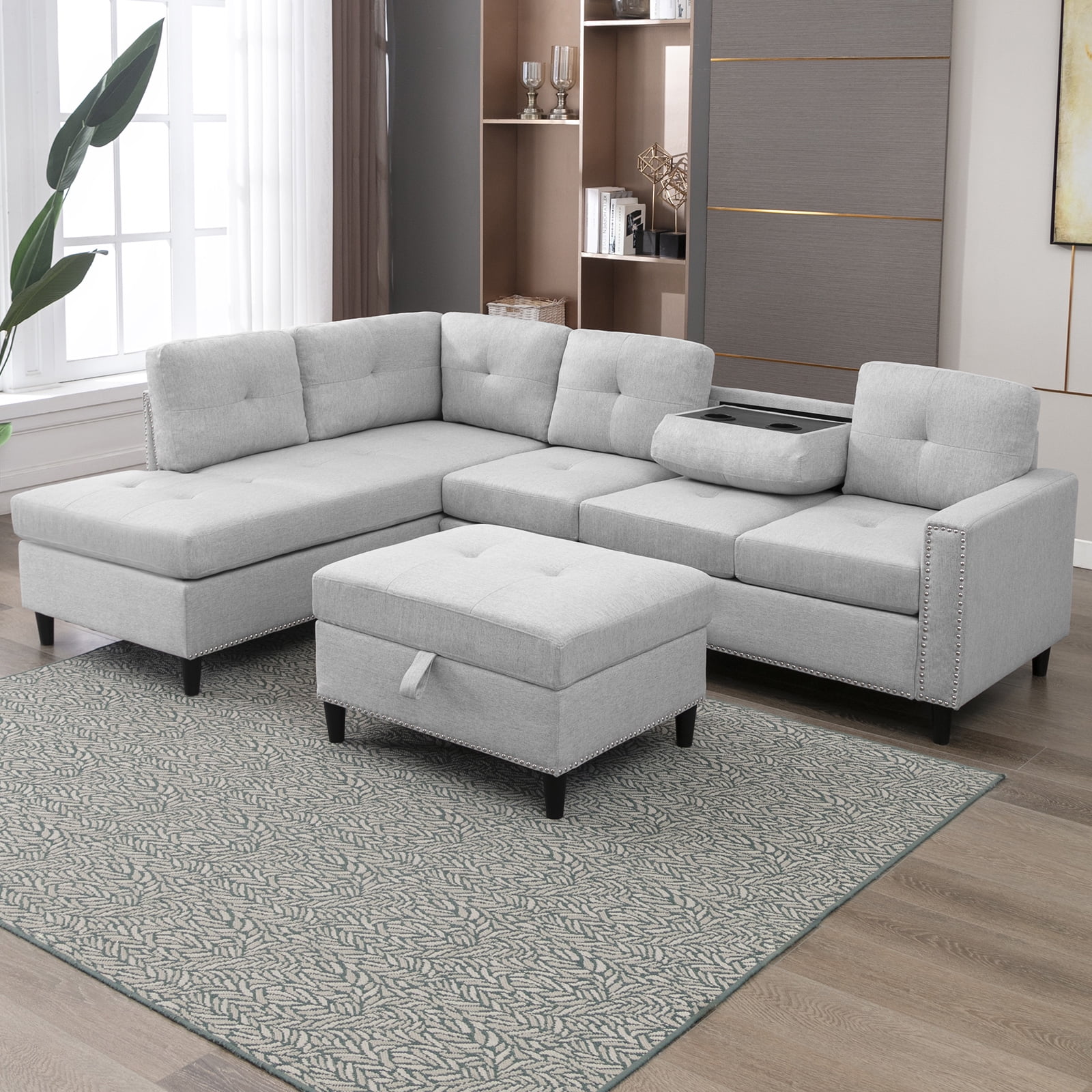 Mjkone L Shaped Sectional Sofa with Left Hand Facing Chaise,Free Combination Ottoman, Modular Sectional Sofa with Rivet Trim,Upholstered Sofa Couches for Living Room,Light Grey