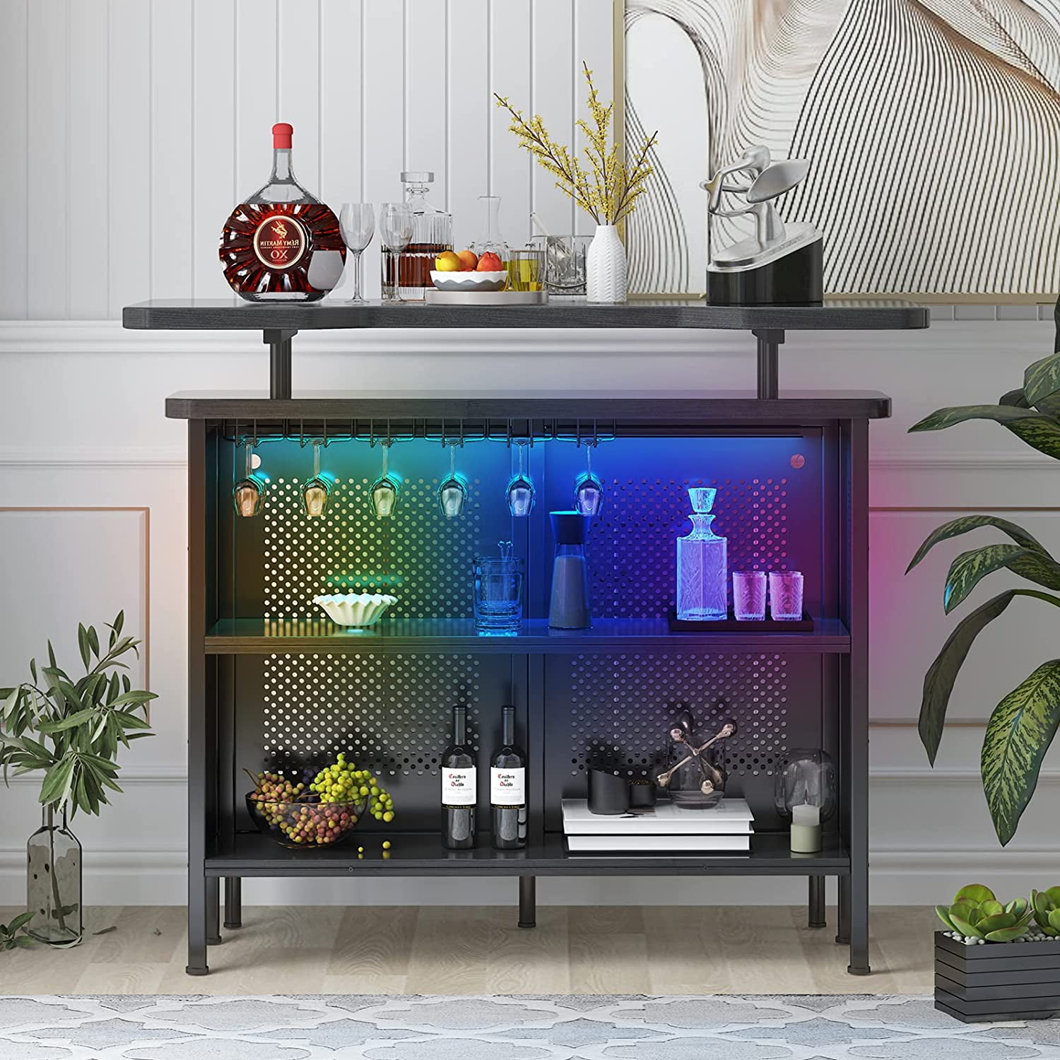 Mjkone Liquor Bar with LED Lights by Remote Control, Coffee Bar