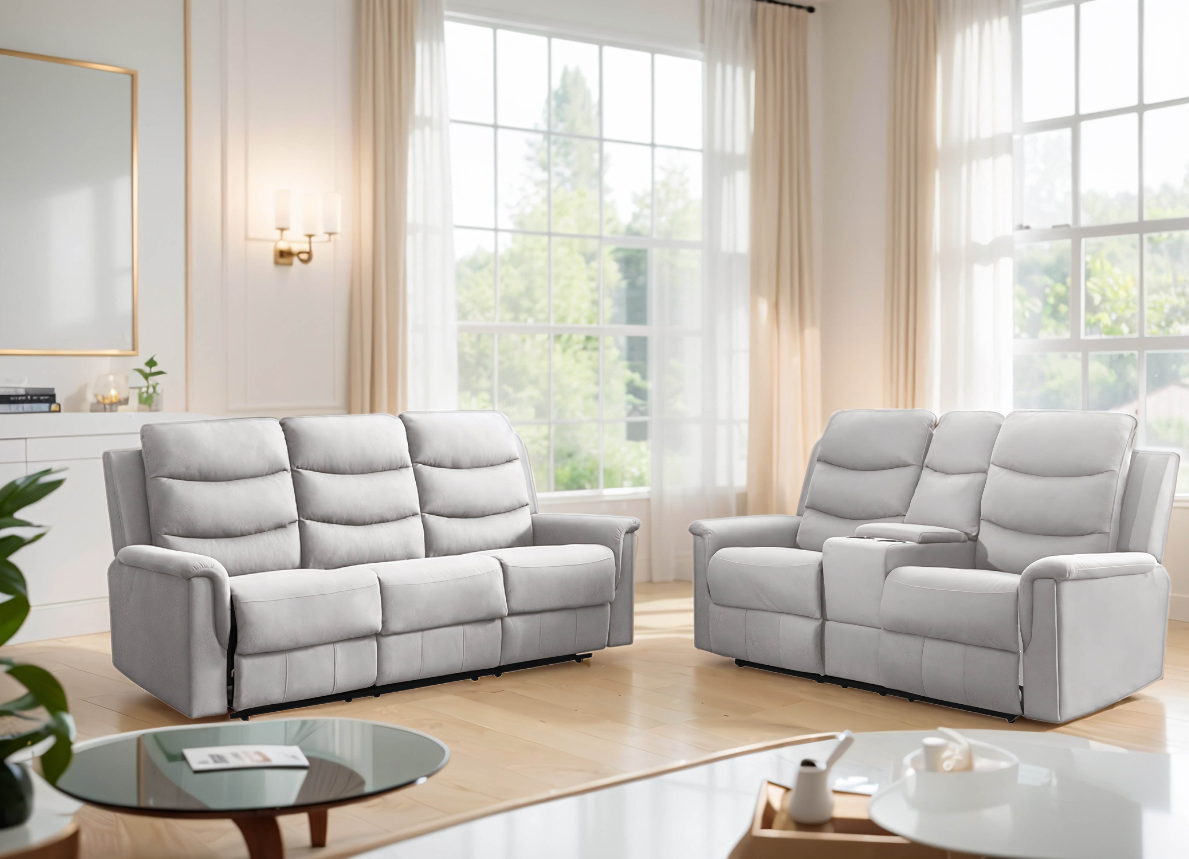 Mjkone Manual Recline Sofa Set Upholstered Reclining Sofa Chair with Cup Holders Strorage for Living Room Furniture Beige Walmart