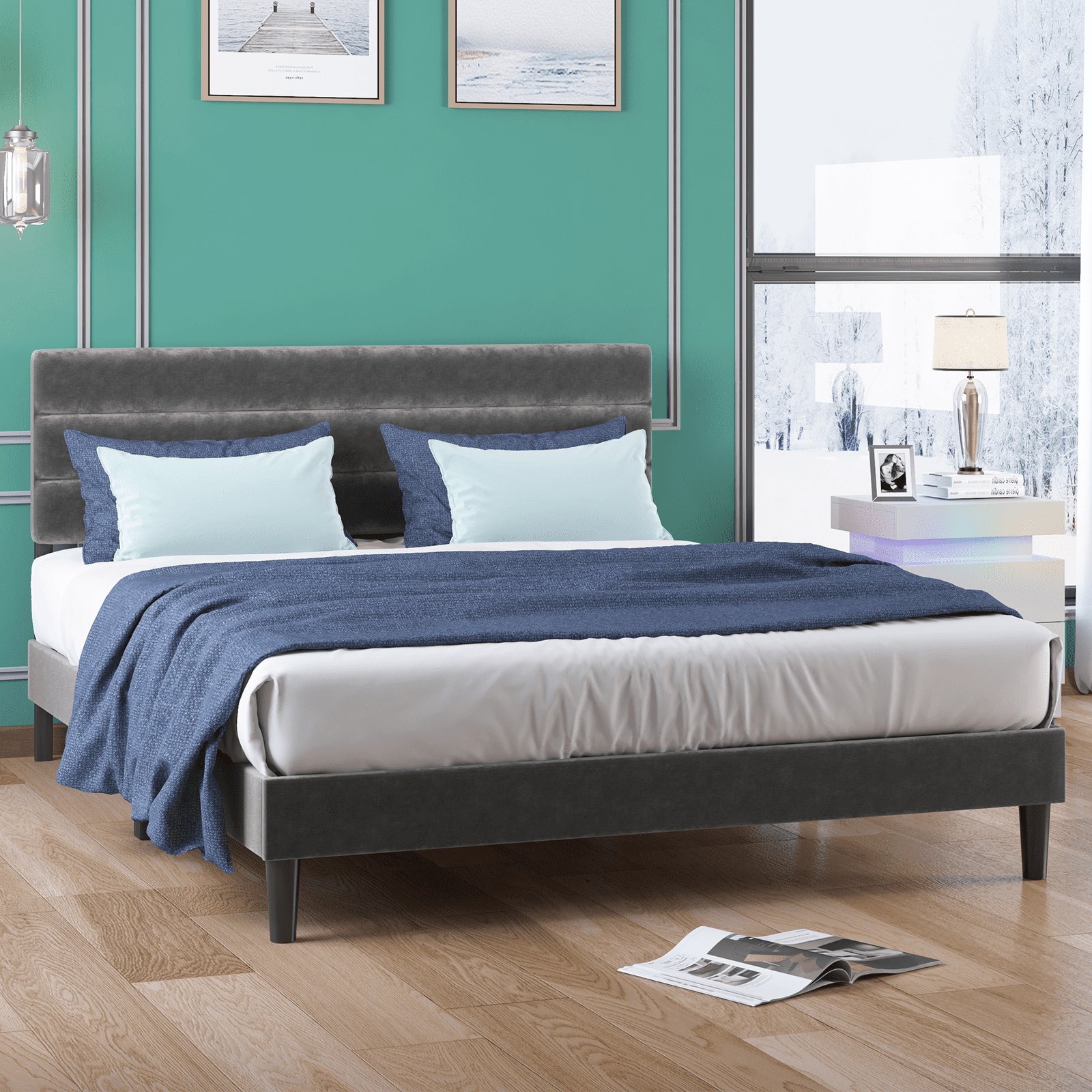 Mjkone Modern Deluxe Platform Tufted Fabric Upholstered Bed Frame（Dark