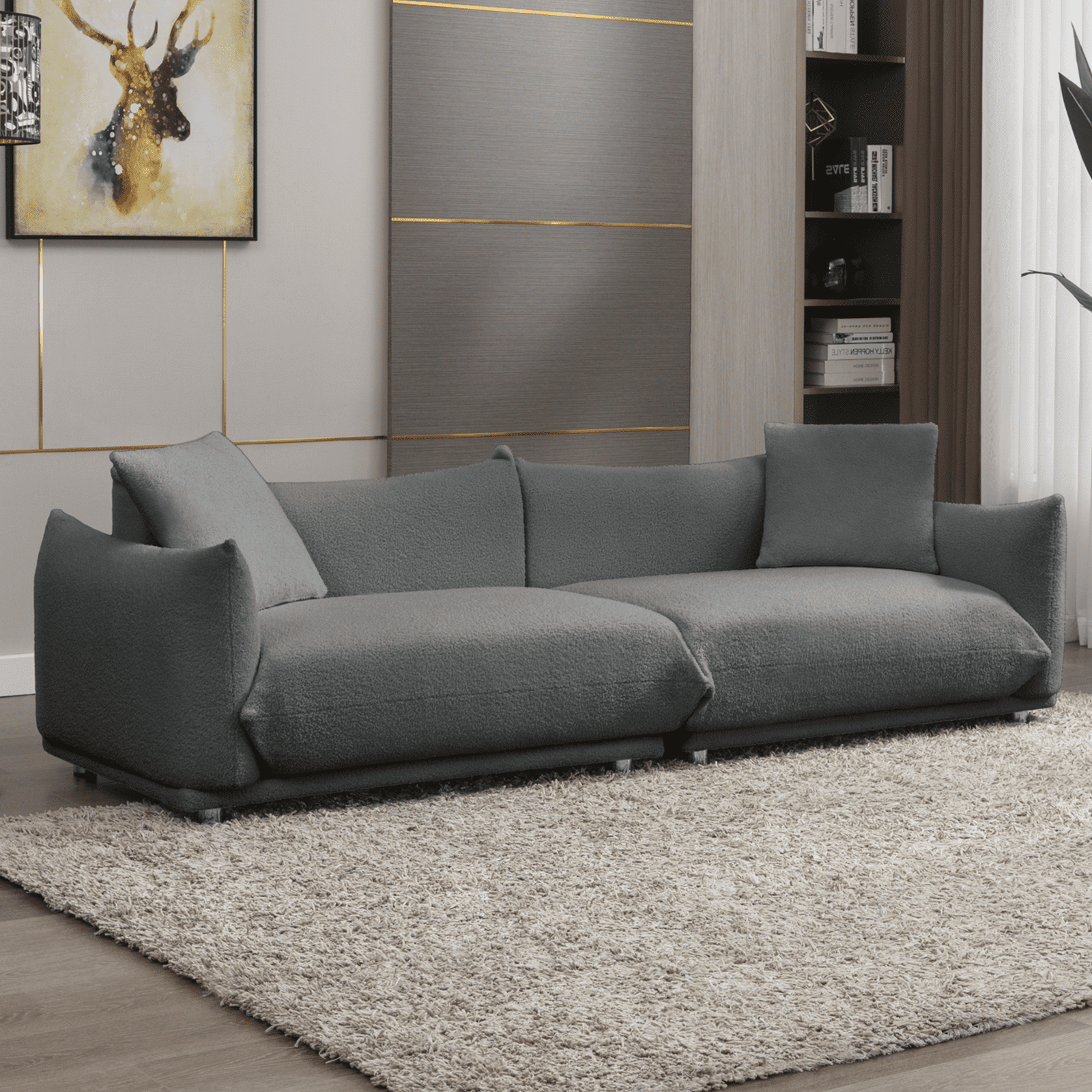 Magic Home 87.7 in. 3 Seat Sofa Gray Teddy Fabric Couch with 2 Pillows, Removable Back and Seat Cushions for Apartment Office