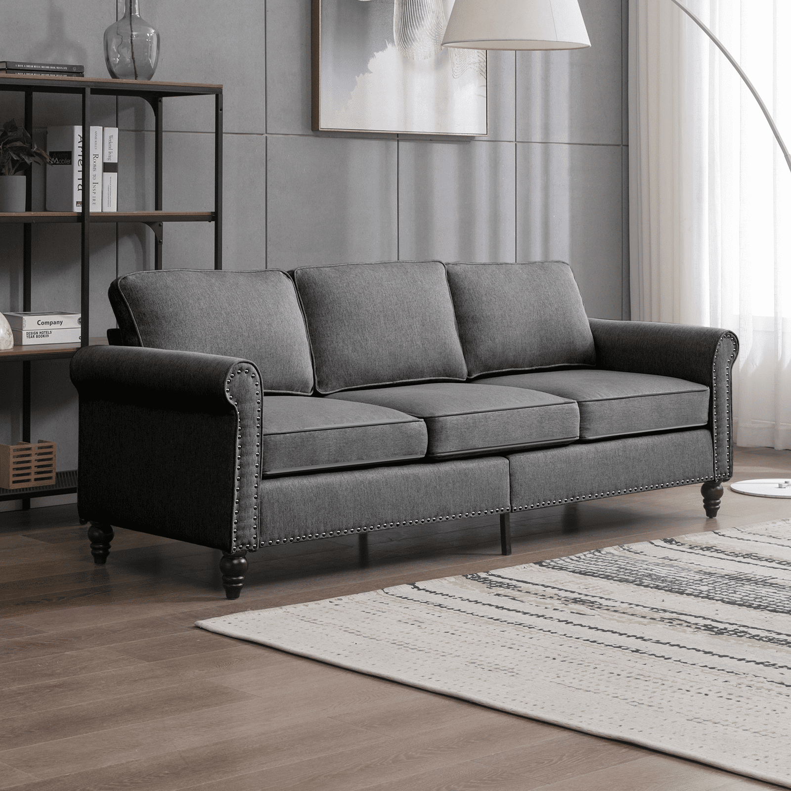 Mjkone Modern Linen 3 Seater Sofa Sleeper With 5 9 Upholstered Cushion For Apartment Living Room Bedroom Office Dark Grey Com