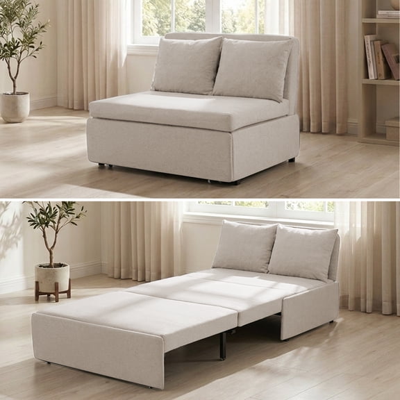 Mjkone Twin Size Convertible Sofa Bed, Modern Pull Out Linen Sleeper Sofa Couch, Revesible Couch Bed with Cushions&Throw Pillows for Small Place/ Apartment/Living Room/Office/Studio (Beige)