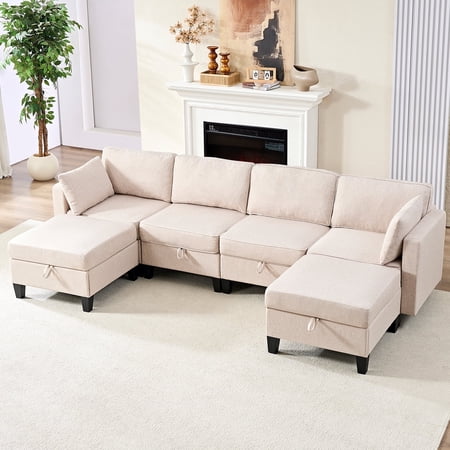Mjkone Modular Sectional Sofa with Storage, 6 Seater U Shaped Sectional Couch with Movable Ottoman, Convertible Sleeper Sofa for Living Room, Beige