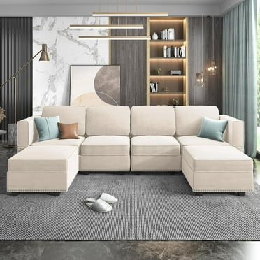 Mjkone Modular Sectional Sofa with Adjustable Armrest and Backrest for Living Room，U Shaped Couch 6 Seater Convertible Sectional Couch with Storage Ottoman for Living Room,Beige
