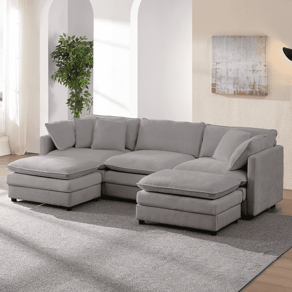 Mjkone U-Shaped Sectional Sofa with Ottoman, Modern Style - 5-Seater, Light Gray
