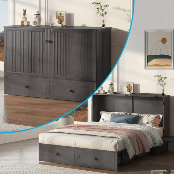 Mjkone Murphy Bed Cabinet with USB Charging Station, Cube Cabinet Bed with Mattress, Folding Chest Bed Queen Size for Living Room/Bedroom-Dark Gray