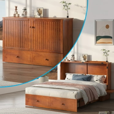 Mjkone Murphy Bed Cabinet with USB Charging Station, Cube Cabinet Bed with Mattress, Folding Chest Bed Queen Size for Living Room/Bedroom-Red
