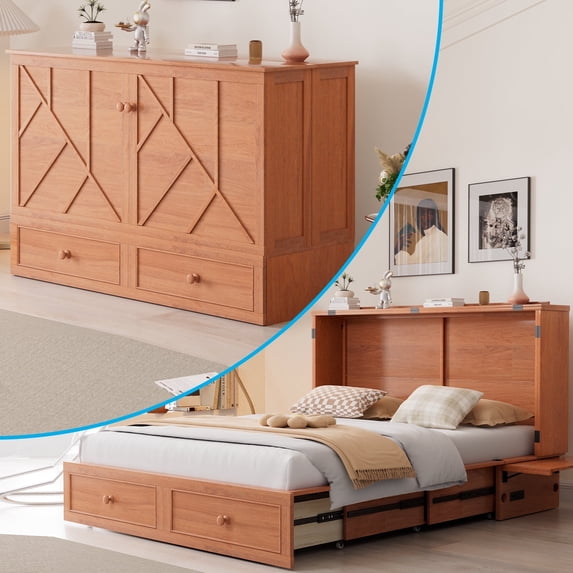 Mjkone Queen Murphy Bed Cabinet with Mattress and USB Charging Station, Folding Chest Bed For Living Room/Bedroom/Guest Room, Red