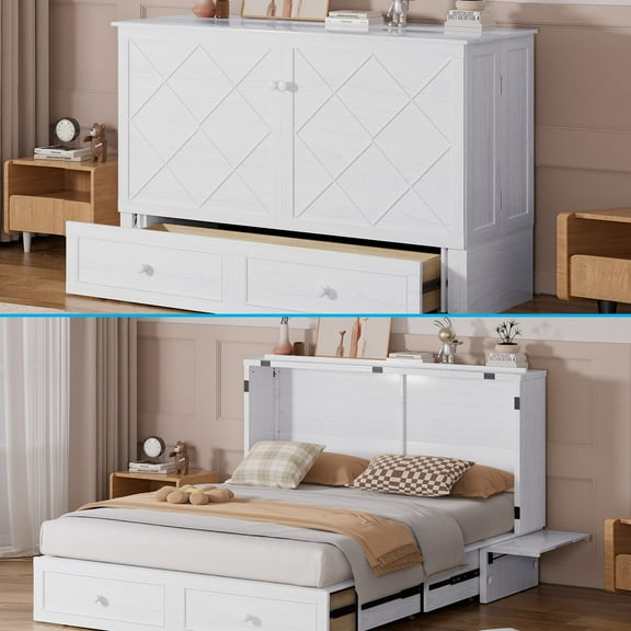 Mjkone Murphy Bed Cabinet with USB Charging Station, Cube Cabinet Bed with Mattress, Folding Chest Bed Queen Size for Living Room/Bedroom-White