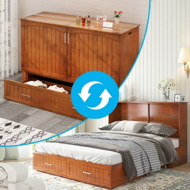 Mjkone Murphy Bed Chest with with 3 Level Folding Memory Foam Mattress, Queen Size Murphy Cabinet Chest Bed with USB Charging Station& 2 Large Drawers Use for Living Room/Bedroom (Queen Cherry)