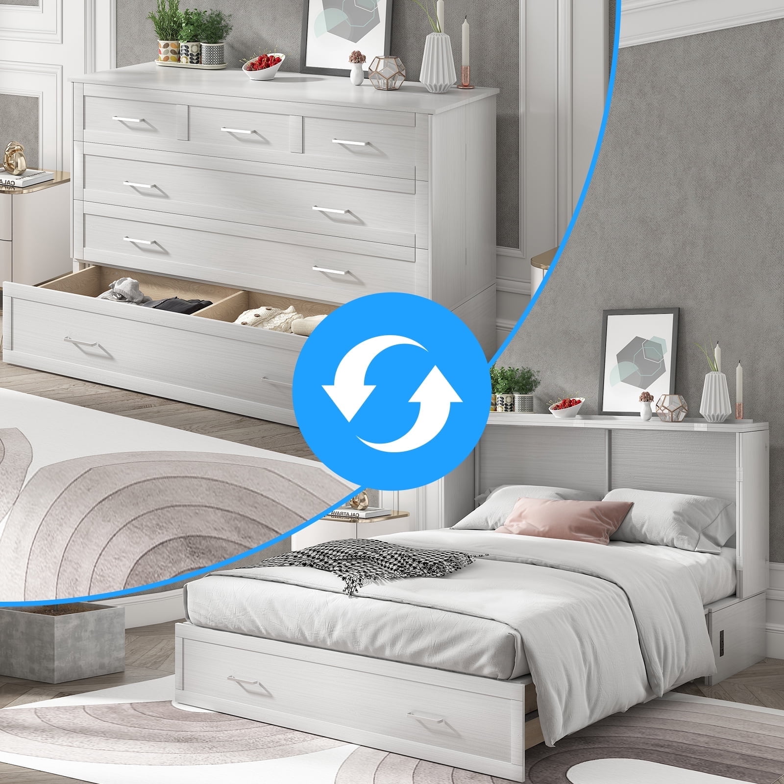 Mjkone Murphy Bed Chest with Charging Station, Queen Size Cabinet Bed Furniture with Foldable Foam Mattress,Space Saver Hidden Bed Frame with 2 Drawers-White