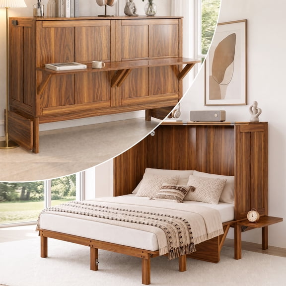 Mjkone Murphy Bed Full with Desk,Space-Saving Cabinet Bed with Desk and Shelves,Multifunctional Murphy Bed with Mattress,Brown