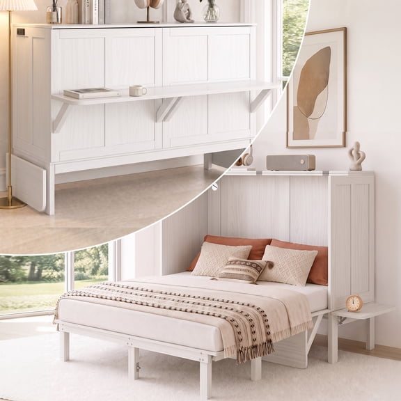 Mjkone Murphy Bed Full with Desk,Space-Saving Cabinet Bed with Desk and Shelves,Multifunctional Murphy Bed with Mattress,White