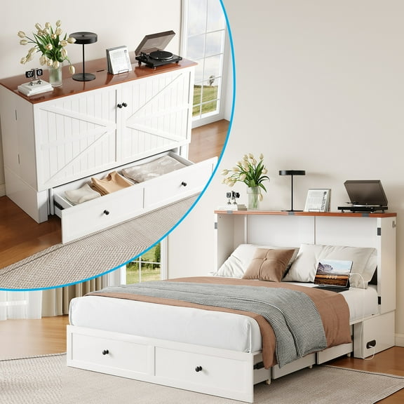 Mjkone Murphy Bed with Mattress,Queen Size Cabinet Bed with Storage Drawers and USB Charging Station,Folding Cabinet Chest Bed for Living Room/Bedroom,White