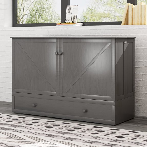 Mjkone Murphy Bed, Queen Size Cabinet Bed with Folding Foam Mattress, Foldable Space-Saving Cube Murphy Bed with Charging Station and Large Storage Drawer (Grey)