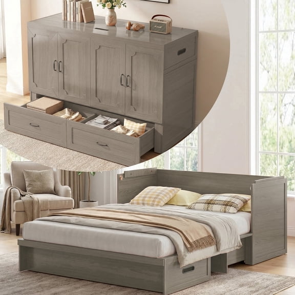 Mjkone Murphy Bed Queen with Mattress, Cabinet Bed with Storage Drawers and USB Charging Station,Murphy Chest Bed for Small Space,Gray