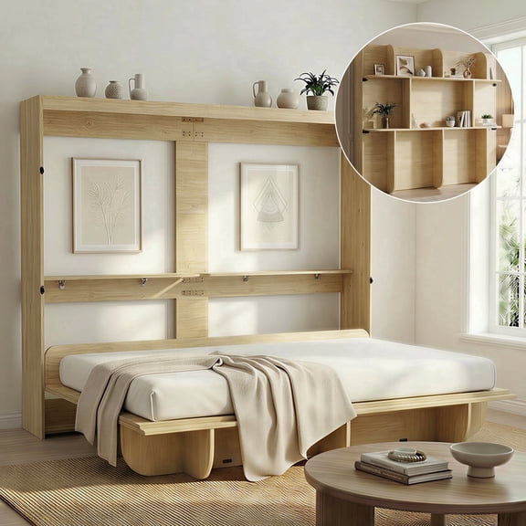 Mjkone Murphy Wall Bed Queen Size,Wall Bed with Shelves,Multifunctional Murphy Bed for Small Space/Bedroom/Guest Room,Wooden