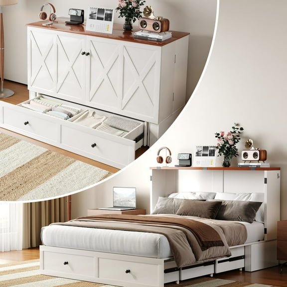 Mjkone Murphy Chest Bed,Full Size Cabinet Bed with Storage Drawers and USB Charging Station,Folding Chest Bed for Living Room/Bedroom,White